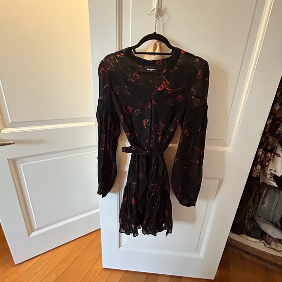 The Kooples Short printed dress with buttoned front black w/red flowers, size S - Picture 2 of 8